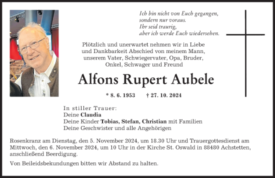 Traueranzeige von Alfons Rupert Aubele von Neu-Ulmer Zeitung