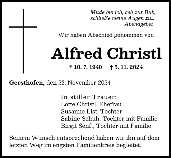 Traueranzeige von Alfred Christl von Augsburger Allgemeine