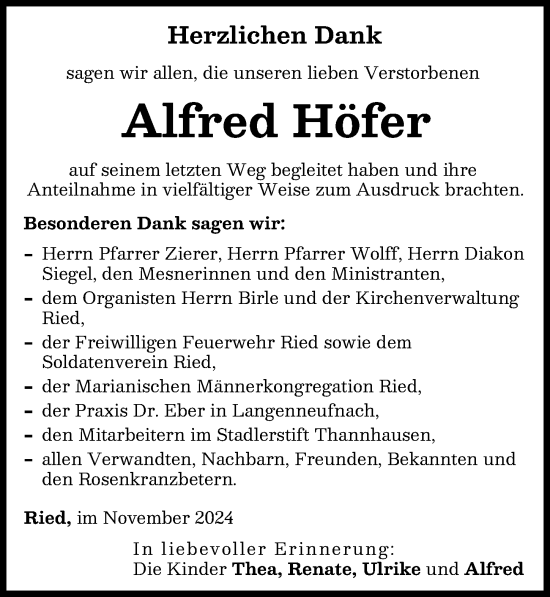 Traueranzeige von Alfred Höfer von Augsburg-Land
