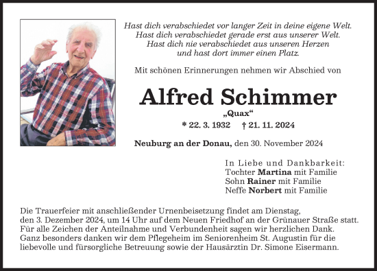 Traueranzeige von Alfred Schimmer von Neuburger Rundschau