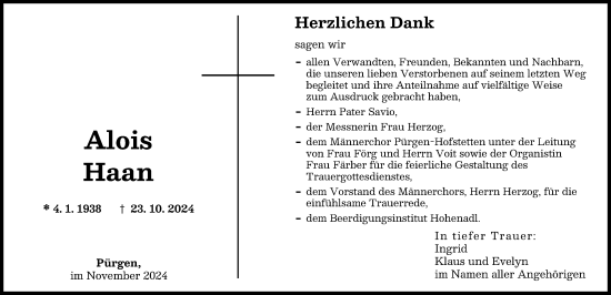 Traueranzeige von Alois Haan von Landsberger Tagblatt