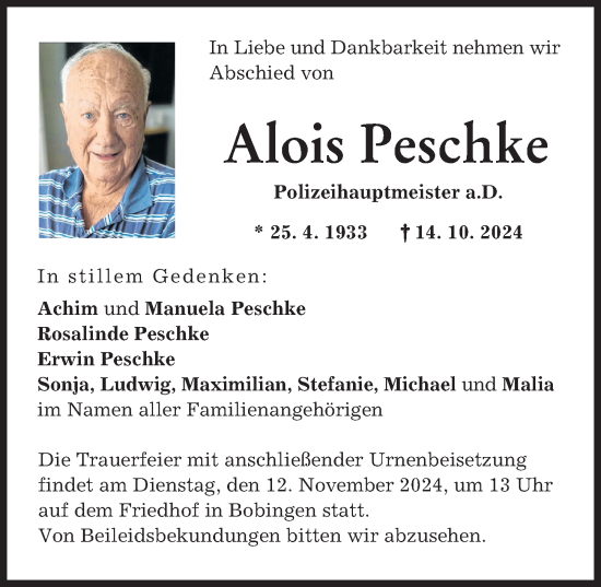Traueranzeige von Alois Peschke von Schwabmünchner Allgemeine
