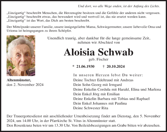 Traueranzeige von Aloisia Schwab von Wertinger Zeitung, Augsburg-Land