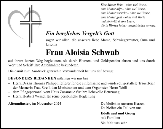Traueranzeige von Aloisia Schwab von Wertinger Zeitung, Augsburg-Land