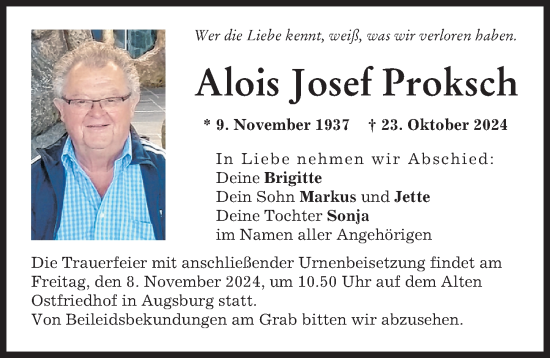 Traueranzeige von Alois Josef Proksch von Augsburger Allgemeine