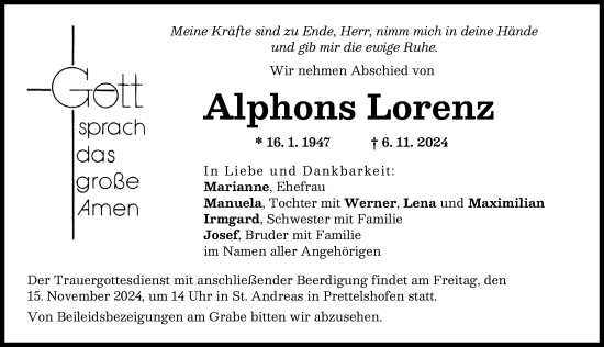 Traueranzeige von Alphons Lorenz von Wertinger Zeitung