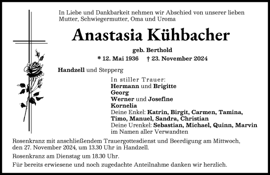 Traueranzeige von Anastasia Kühbacher von Aichacher Nachrichten