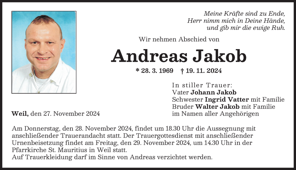  Traueranzeige für Andreas Jakob vom 27.11.2024 aus Landsberger Tagblatt
