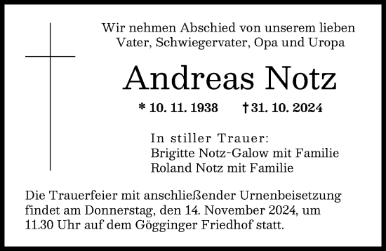 Traueranzeige von Andreas Notz von Augsburger Allgemeine