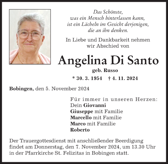 Traueranzeige von Angelina Di Santo von Schwabmünchner Allgemeine