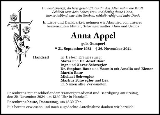 Traueranzeige von Anna Appel von Aichacher Nachrichten