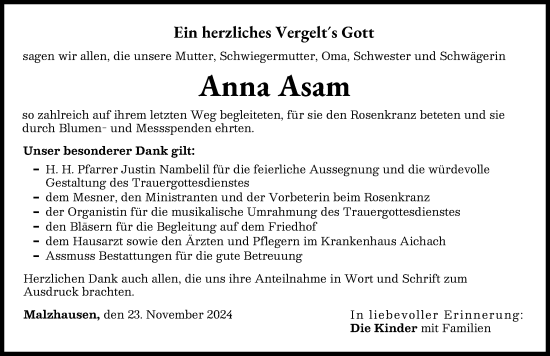 Traueranzeige von Anna Asam von Friedberger Allgemeine, Aichacher Nachrichten