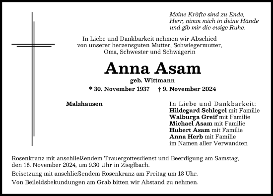 Traueranzeige von Anna Asam von Friedberger Allgemeine, Aichacher Nachrichten
