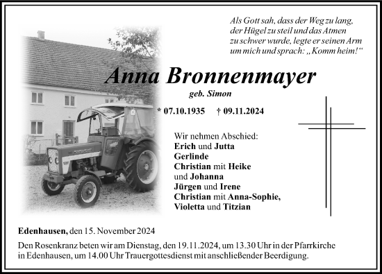 Traueranzeige von Anna Bronnenmayer von Mittelschwäbische Nachrichten