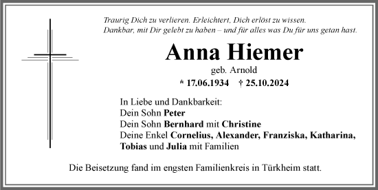 Traueranzeige von Anna Hiemer von Mindelheimer Zeitung