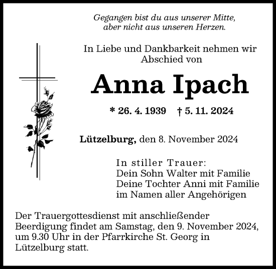 Traueranzeige von Anna Ipach von Augsburger Allgemeine