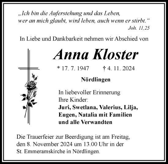 Traueranzeige von Anna Kloster von Rieser Nachrichten