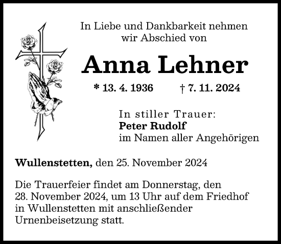 Traueranzeige von Anna Lehner von Neu-Ulmer Zeitung