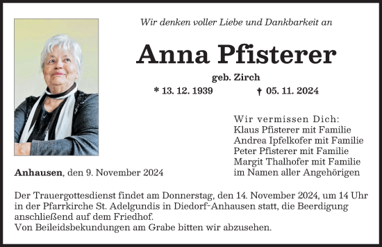 Traueranzeige von Anna Pfisterer von Mittelschwäbische Nachrichten, Augsburger Allgemeine