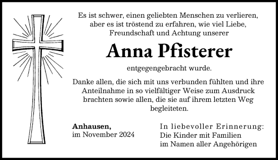 Traueranzeige von Anna Pfisterer von Mittelschwäbische Nachrichten, Augsburger Allgemeine