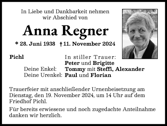 Traueranzeige von Anna Regner von Aichacher Nachrichten