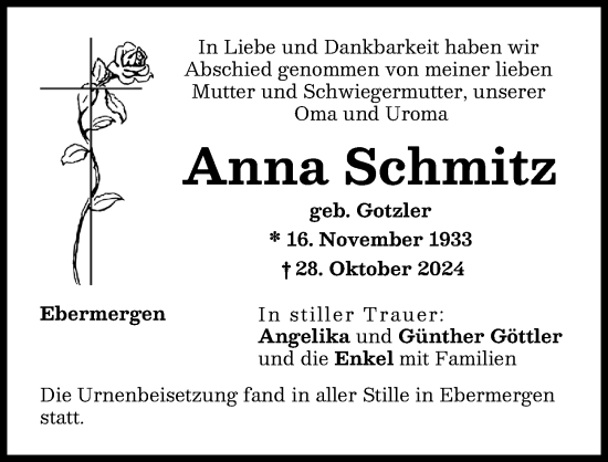 Traueranzeige von Anna Schmitz von Donauwörther Zeitung