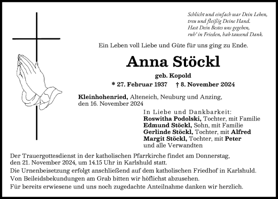 Traueranzeige von Anna Stöckl von Neuburger Rundschau