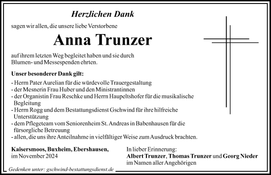 Traueranzeige von Anna Trunzer von Mindelheimer Zeitung
