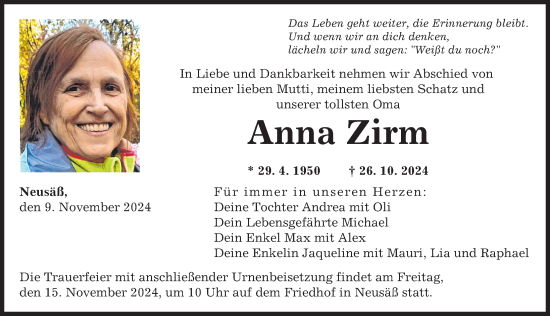 Traueranzeige von Anna Zirm von Augsburger Allgemeine