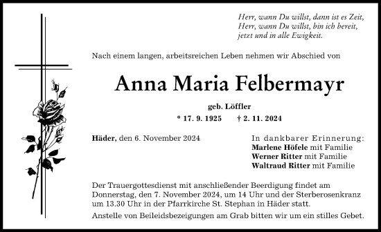 Traueranzeige von Anna Maria Felbermayr von Augsburg-Land