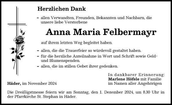 Traueranzeige von Anna Maria Felbermayr von Augsburg-Land