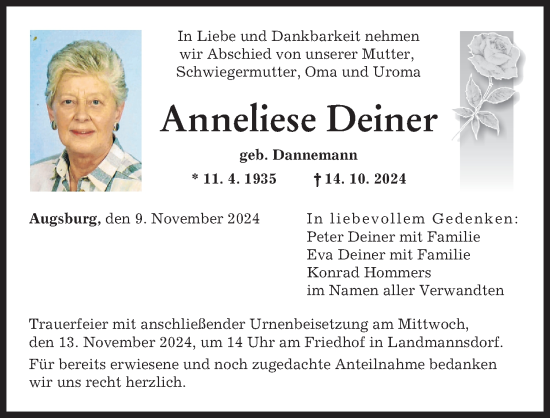 Traueranzeige von Anneliese Deiner von Augsburger Allgemeine