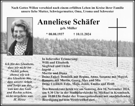 Traueranzeige von Anneliese Schäfer von Mittelschwäbische Nachrichten