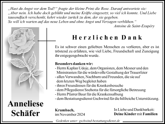 Traueranzeige von Anneliese Schäfer von Mittelschwäbische Nachrichten