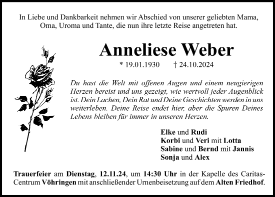 Traueranzeige von Anneliese Weber von Illertisser Zeitung