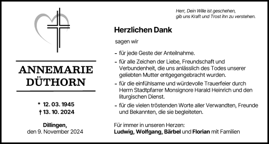 Traueranzeige von Annemarie Düthorn von Donau Zeitung