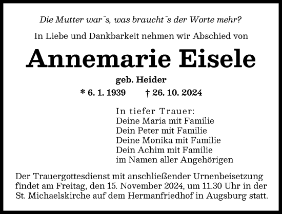 Traueranzeige von Annemarie Eisele von Augsburger Allgemeine