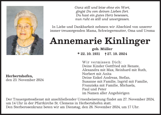 Traueranzeige von Annemarie Kinlinger von Augsburg-Land