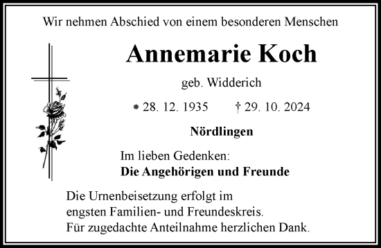 Traueranzeige von Annemarie Koch von Rieser Nachrichten