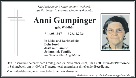 Traueranzeige von Anni Gumpinger von Augsburg-Land, Mittelschwäbische Nachrichten, Günzburger Zeitung