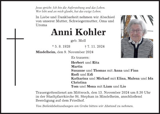 Traueranzeige von Anni Kohler von Mindelheimer Zeitung
