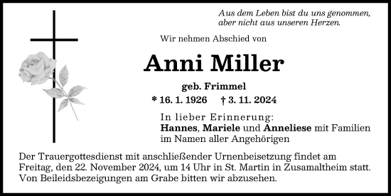 Traueranzeige von Anni Miller von Wertinger Zeitung