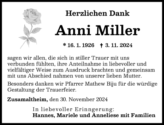 Traueranzeige von Anni Miller von Wertinger Zeitung