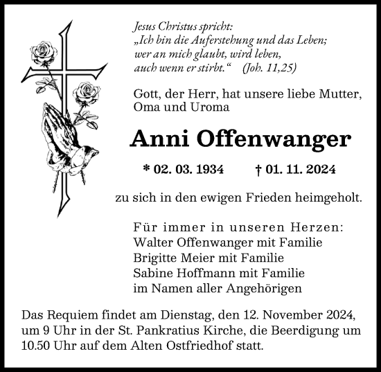 Traueranzeige von Anni Offenwanger von Augsburger Allgemeine
