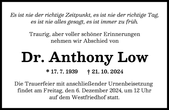 Traueranzeige von Anthony Low von Augsburger Allgemeine