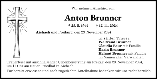 Traueranzeige von Anton Brunner von Aichacher Nachrichten