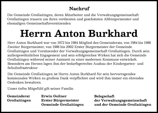 Traueranzeige von Anton Burkhard von Schwabmünchner Allgemeine