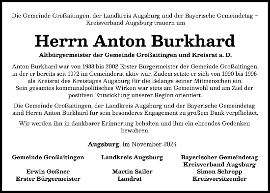 Traueranzeige von Anton Burkhard von Schwabmünchner Allgemeine