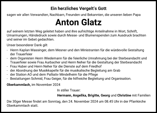 Traueranzeige von Anton Glatz von Mindelheimer Zeitung