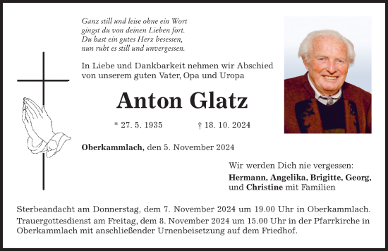 Traueranzeige von Anton Glatz von Mindelheimer Zeitung